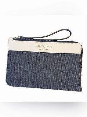 Kate Spade Medium L-Zip Wristlet Denim Multi Zip Clutch Wallet New